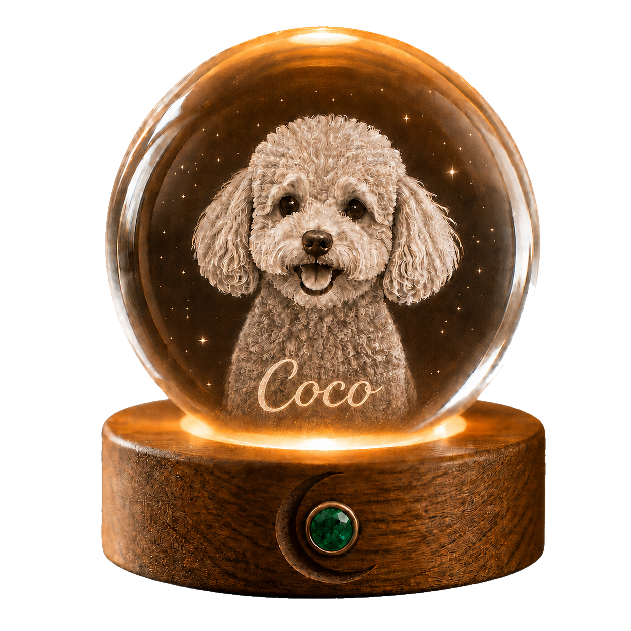 A personalized poodle WishaBall with a green Guardian Stone set into its oak base